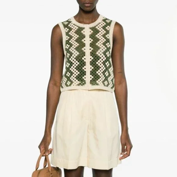 New Sandro Henrika Geo Crochet Vest Ecru Olive Large $295 - Picture 2 of 9